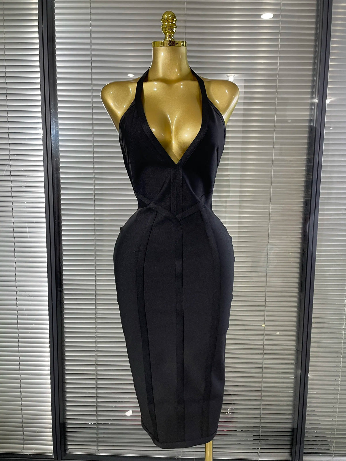 Brown Black Women Sexy Halter V-Neck Bodycon Midi Bandage Dress Bar Singer TV Show Performance Costumes Birthday Clothing
