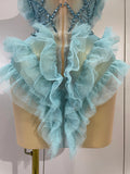 Shiny Rhinestone Birthday Bar Nightclub Stage Costume Sexy Strapless Sky Blue Mesh Ruffled See Through Evening Party Mini Dress