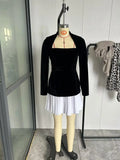 Hit Color Slimming Minimalist Dresses for Women Square Neck Long Sleeve High Waist Temperament Dress Female