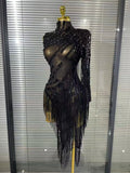 Black Red Women Sexy One Shoulder Shinning Crystal Sequins Tassels Bodycon Mid-calf Dress Nightclub Party Bar Dancer Costumes