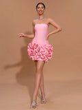 2026 Ladies 3D Flowers Strapless Tight Backless Design Celebrity Club Party Red Sleeveless Sexy Mini Bandage Dress