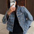 Cropped Denim Jacket Women Stand Collar Bell Sleeves Double Breasted Splicing Retro Fashion Biker-Style Coat Autumn 2026