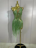 Sexy Green One Shoulder See-Through Sparkly Rhinestones Tassel Dress Women Latin Dance Outfits Bar Nightclub Party Stage Costume