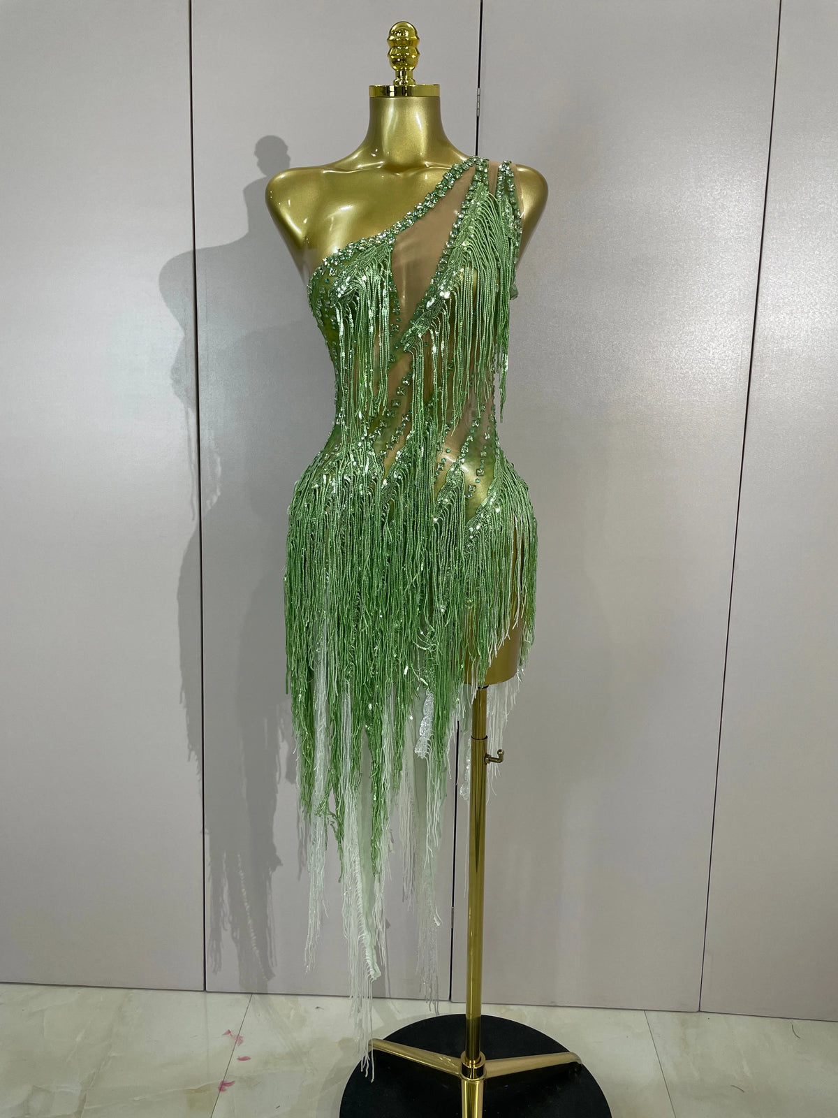 Sexy Green One Shoulder See-Through Sparkly Rhinestones Tassel Dress Women Latin Dance Outfits Bar Nightclub Party Stage Costume
