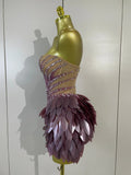 Sparkly Diamonds Leaf Sexy Mesh See Through Strapless Bodycon Dress Luxury Birthday Evening Party Outfit Nightclub Stage Costume