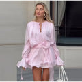 Elegant 3D Flower Cascading Ruffles Short Dress Women Loose Solid Lace Up Full Flare Sleeve Dresses Summer Lady Chic Robes