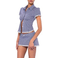 Solid Two Peice Set for Women Lapel Short Sleeve Shirt Low Waist Spliced Fungus Edge Mini Skirt Sweet Suit Female