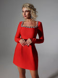 Elegant Mini Square Collar Diamond Evening Dress Short A-Line Long Sleeves White Pocket Princess Prom Gowns 2024 New