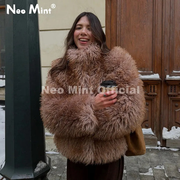 Exclusive Design Women Brown Gradient Mongolia Sheep Fur Jacket Coat Chic Street Fashion Girls Furry Outerwear Overcoat