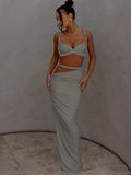 Bandage Ruched 2 Piece Set Women Square Collar Bra+Skinny Long Skirts 2025 Summer Vacation Beach Party Trend Suits