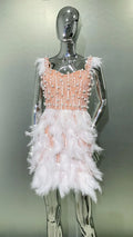 2026 Women's Heavy Industry Beaded Feather V-neck Waist-cinched Short Dress Luxury Haute Couture Party Evening Performance Gown