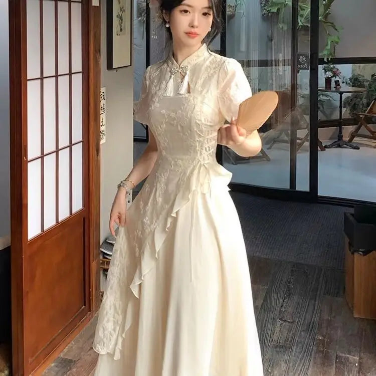 Improved Tassel Embroidered Cheongsam Dress Qipao Women's Clothing Summer 2026 Elegant Girl Irregular Waist Long Dress