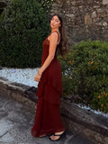 Brown Glitter Chiffon Tiered Maxi Dress Elegant One Shoulder Square Neck Flowy dresses 2026 Summer Formal Wedding  Party gowns