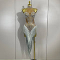 Women Sparkly Diamonds Pearls Tassel Sexy Mesh Stretch Dress Latin Dance Luxury Birthday Outfits Nightclub Party Stage Costume
