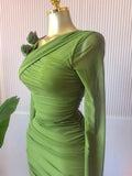 Women Long Sleeve Floral Applique Skew Collar Stacked Ruched Bodycon Midi Dress Vacation Holiday Party Birthday Dresses