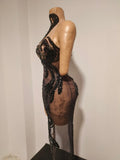 Sparkly Diamond Sexy Black Mesh Asymmetric Bodycon Mini Dress Women Nightclub Bar Party Show Gogo Dancer Clothing Stage Costume