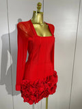 Women Sexy Red 3D Rose Flowers Bandage Mini Dress Mesh Long Sleeve Evening Prom Birthday Party Photo Shoot Cocktail Party Dress