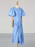 Solid Spliced Drawstring Folds Designer Maxi Dress for Women O Neck Puff Sleeve High Waist Elegant Party Dresses Female New