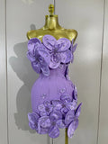 Luxury Chic 3D Beaded Flower Strapless Short Bodycon Bandage Dress Elegant Formal Party Prom Gown Birthday Wedding Guest Dresses