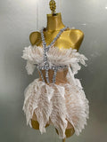 Sexy Shining Gold Crystal Transparent Wings Mini Dress 2025 Women Birthday Party Bar Nightclub Singer Stage Performance Costume