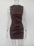 Sleeveless Leather Maxi Dress For Women Tight Pleated Sexy Hip-Hugging Dress Vestido Solid High Waist Party Female Dress