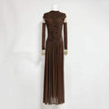 Solid Slim Fit Maxi Dress Elegant O-neck Detachable Long Sleeves Party Dress New Temperament Pleated Women Maxi Dresses
