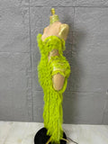 Luxurious Vibrant Ruffled Sheer Crystal-Embellished Pattern Gown Sexy Performance Costume Nightclub Glamorous Formal Event Gown