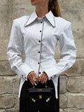 Elegant Striped Women Shirts Lapel Collar Long Sleeve Fit Shirt for Office Work Business Meeting Wear Fashion New