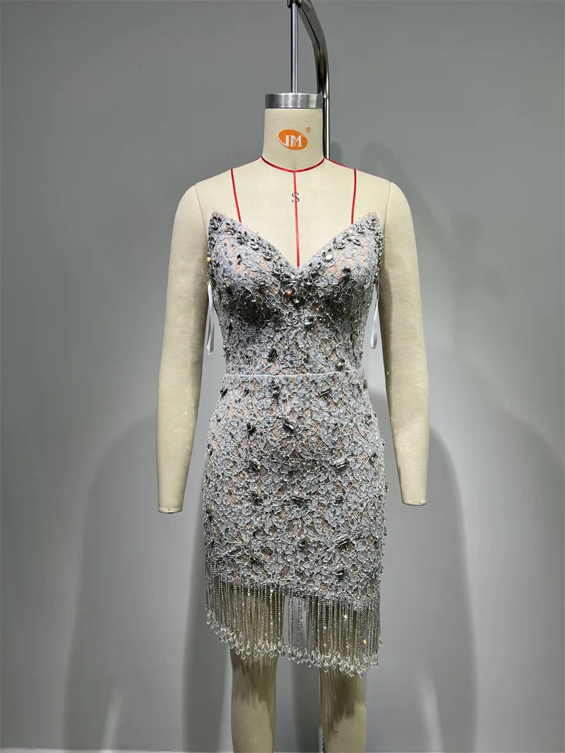 Women's Sparkling Rhinestone Tassel Lace Tube Dress Light Luxury Birthday Party Evening Performance Gown Designer Luxury Dresses