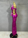 Fuchsia High-end Feather Floral Long Dress Women Hollow Cutout Long Gown Evening Prom Carnival Stage Performance Costume
