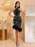 Women Sexy Off Shoulder Diamond Feather Halter Mini Bandage Dress For Women Backless Celebrate Evening Party Dresses Gown