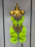 Women Sexy Sparkly Diamonds Strapless Mesh See Through Mini Dress Evening Party Birthday Nightclub Bar Stage Performance Costume