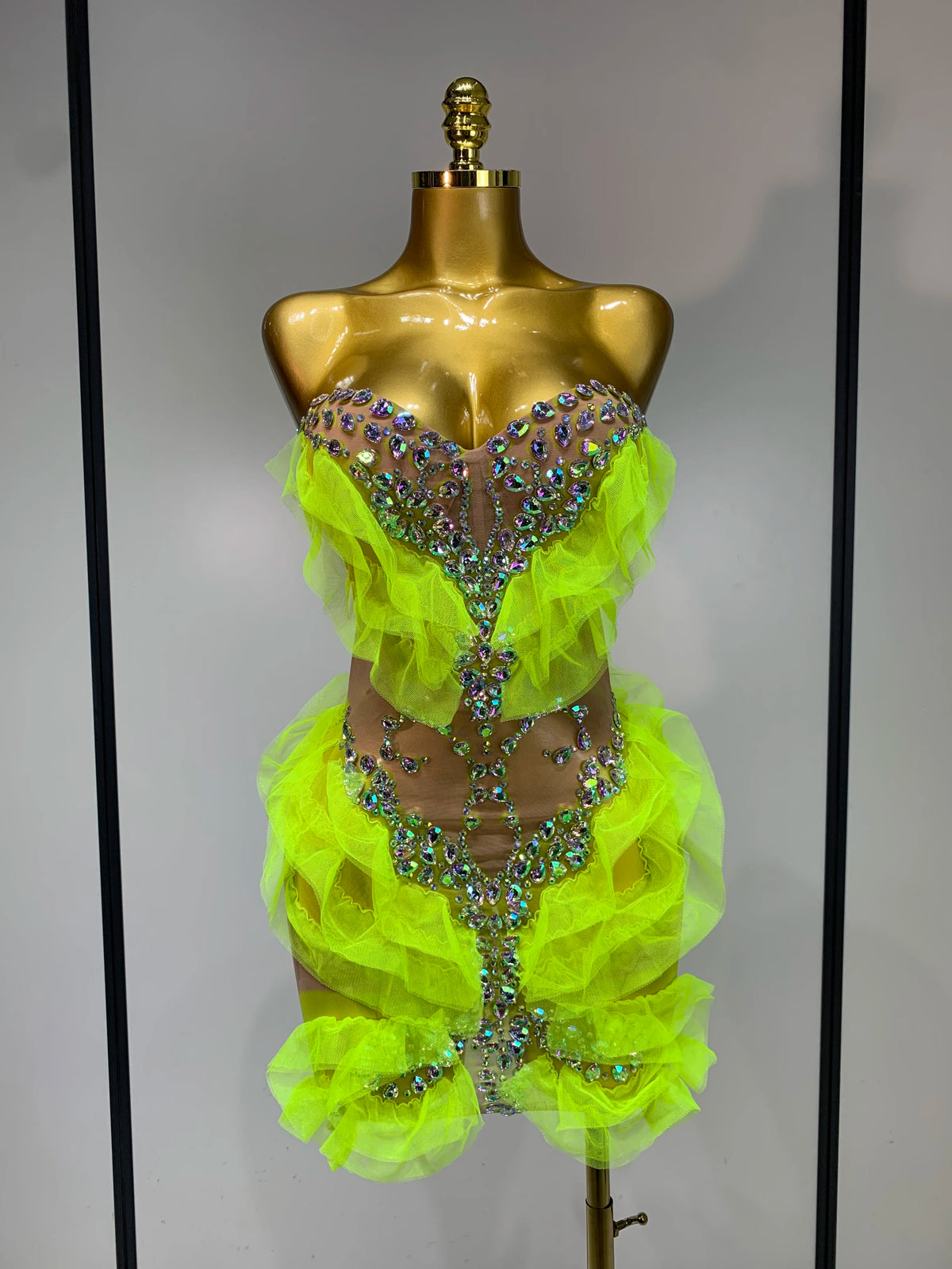 Women Sexy Sparkly Diamonds Strapless Mesh See Through Mini Dress Evening Party Birthday Nightclub Bar Stage Performance Costume