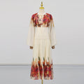 Vintage Loose Two Piece Set for Women V Neck Puff Sleeve Spliced Lace Up Top High Waist Fold Printing Skirt Suit Female New