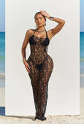 Women's Swimsuit Coverup Crochet Bikini Cover Ups Hollow Out Net Halter Sleeveless Swimwear for Beach 3 Pieces Long Dress