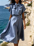 Satin Two Piece Sets for Women Bow Tie Mock Neck Blouse High Waist Flared A‑Line Maxi Skirt for Formal Banquet Party Wear