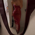 Sexy Leather Red Long Dress Women's Luxury Off Shoulder Corset Bandage Dresses Evening Party Burgundy Wedding Guest Brown Black
