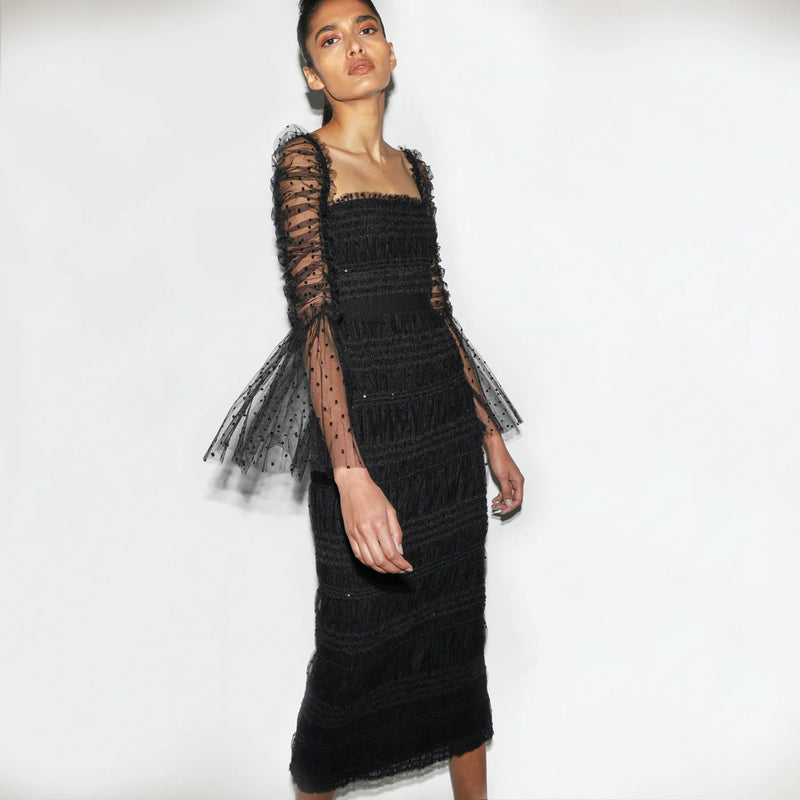 Women's Black Sheer Mesh Trumpet Sleeve Square Neck Waist-Cinching Dress Elegant Evening Performance Gown Vestidos De Bienvenida