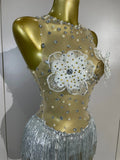 Women Sexy Mesh See Through Performance Leotard Dance Singer Show Stage Wear Luxury Sparkly Rhinestone Flower Tassels Bodysuit