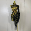 Women One Shoulder Latin Dance Outfits Sexy Leopard Print Sparkly Diamond Tassel See-Through Dress Nightclub Party Stage Costume