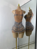 Sparkly Crystals Diamonds Mesh See Through Mini Dress Luxury Women Sexy Sleeveless Perforamnce Dance Costume Night Club Wear