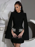Black Women's Diamond Cloak Sleeve Design Bandage Mini Dress Long Sleeve Elegant Fashion Birthday Party Wedding Guest
