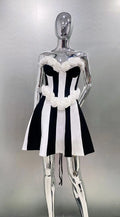 Women's Spring 3D White Rose Black White Striped Tube Top Skirt Fashion Elegant Dinner Party Bandage Performance Gown Robe Femme