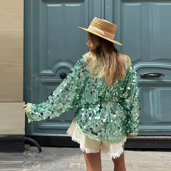 Chic Lace Up Sequined Jackets Women Loose Solid V-neck Full Sleeve All-match Jacket Summer Autumn Lady High Street Coat New