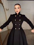 Elegant Stand Collar Metal Button Maxi Coat Lady Double Breasted Cinched Waist A-line Flared Overcoat Fall Date Party Outerwear