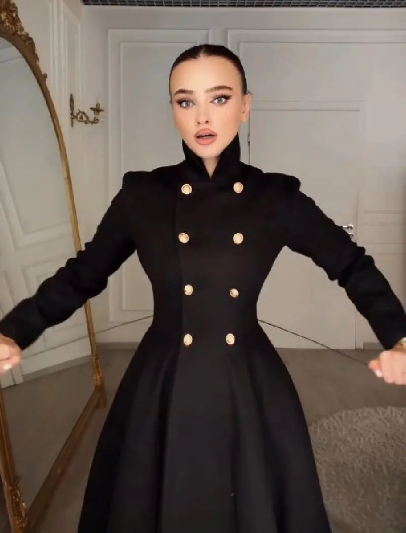 Elegant Stand Collar Metal Button Maxi Coat Lady Double Breasted Cinched Waist A-line Flared Overcoat Fall Date Party Outerwear