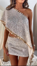 Silver Sequin Two Piece Outfit One Shoulder Coin Trim Cape Top High Waist Skirt 2026 Summer New Beach Party Nightclub Dating Set