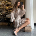 New Women's Skirt Two Piece Set Chiffon Bow Tie Top High Waisted Drawstring Mini Dress Suit Ladies Sexy See Through