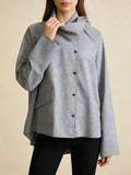 Minimalist Casual Style Gray Oversized Shirt for Women Stand Collar Long Sleeve Buttons Accent for Office Commute