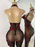 Sparkly Diamonds Women Long Sleeveless See Through Mesh Tight Jumpsuit Costume Nightclub Dancer Outfit Performance Stage Wear